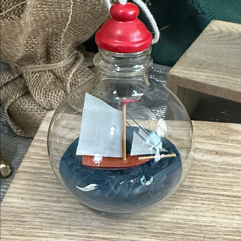 Crate & Barrel Ship-In-A-Bottle Glass Christmas Ornament Nautical